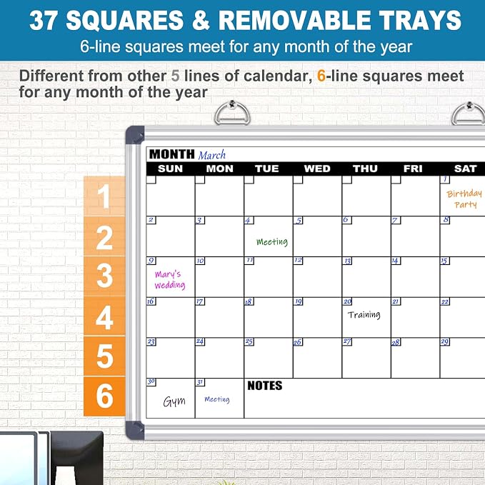 Calendar Whiteboard for Wall, 36" x 24" Double Sided Monthly Dry Erase Board Calendar for Office, Home, School, Hanging Cork Board White Board Combo, Portable Magnetic Dry Erase Planner Board