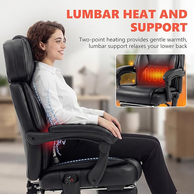 HOMCOM Massage Office Chair with Lumbar Heat, Ergonomic Executive Desk Chair with Adjustable Headrest, 6 Points Vibration, High Back, Reclining, Padded Armrests, Footrest, PU Leather, Black