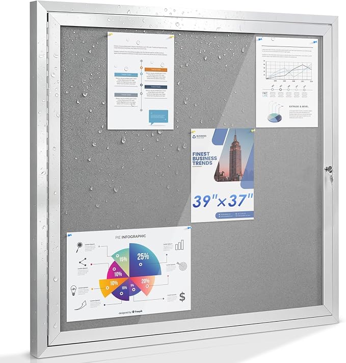 SWANCROWN 39x37 in Outdoor Bulletin Board Wall Notice Board, Grey Felt | Enclosed, Lockable, Weatherproof, Shatterproof, Silver Aluminum Frame, Display Board for Office School Business Community