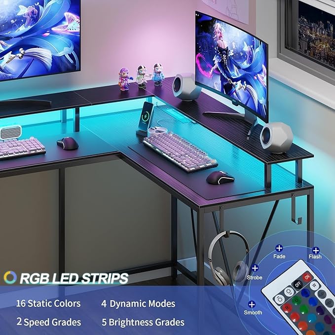 L Shaped Gaming Desk with Power Outlets and LED Lights, 53 inch Cornor Computer Desk with Storage Shelves, Gamer Desk with Storage Bag and Hooks Home Office Table for Bedroom Living Room Black
