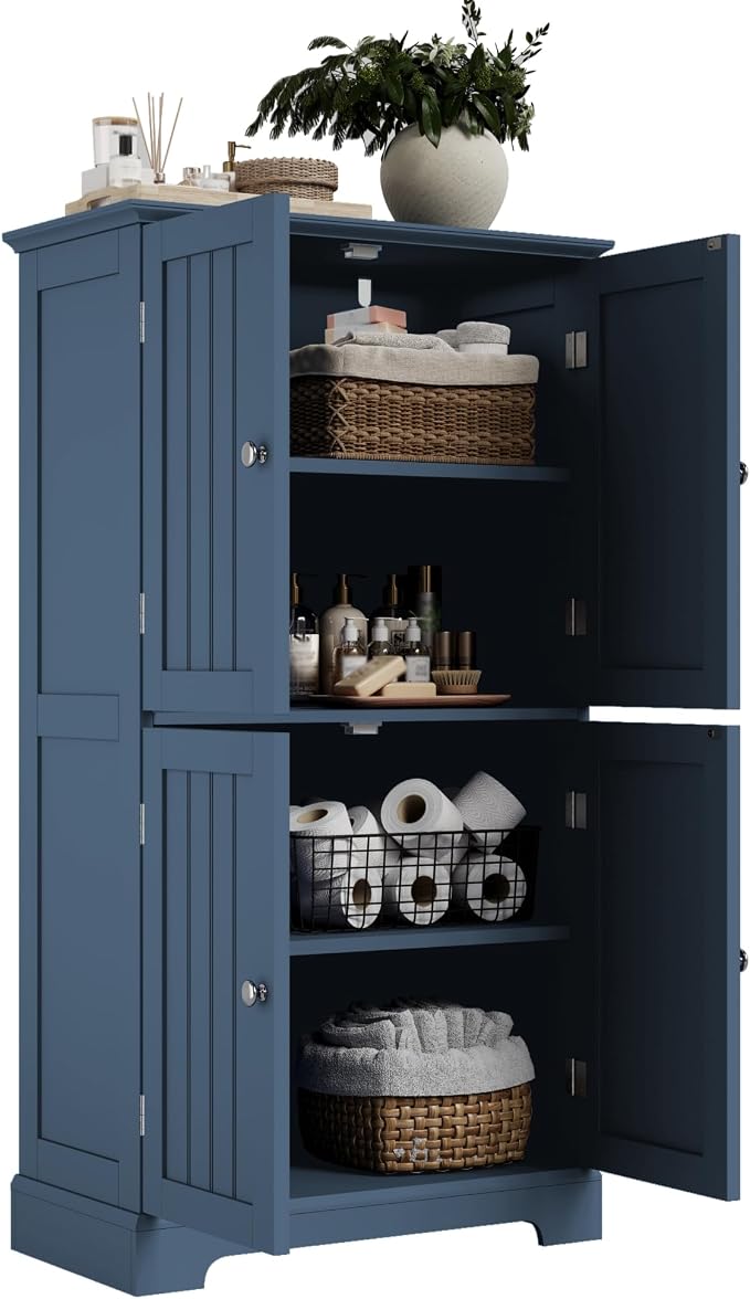 ChooChoo Bathroom Floor Cabinet with Adjustable Shelves | Bathroom Storage Cabinet, 4 Doors, Freestanding Cupboard for Living Room, Blue