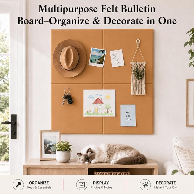 36" x 24" Decorative Bulletin Boards, Large Cork Board Alternative | 30 Pushpins30 Adhesive Tabs, Solid-Tile 6-Pack Felt Wall Tiles,Cork Boards for Office Push Pin Board Felt Board,Creamy Coffee | 30 Pushpins30 Adhesive Tabs, Solid-Tile 6-Pack Felt Wal...