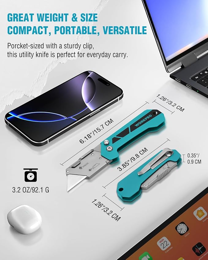 WORKPRO Box Cutter, Utility Knife Quick Change Blade Razor Knife, Folding Pocket Knife with Belt Clip and Axis Lock, 10 Extra Blades Included, Blue