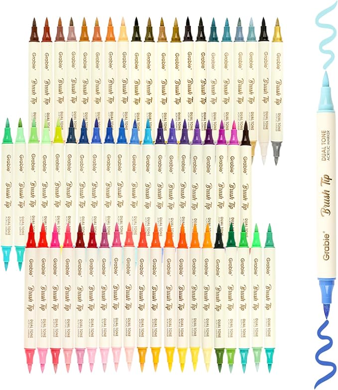 Grabie 120 Color Acrylic Paint Markers, Pack of 60 Dual Tip Brush Pens | 120 Colors in 60 Markers,Dual Tip Soft Brush Design,Water-Based Acrylic Ink For Paper, Rock, Wood, Canvas, Glass & Fabric