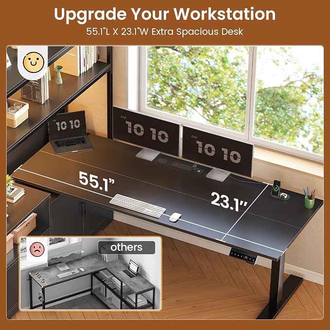 SEDETA 57" L Shaped Standing Desk, Sit Stand Office Desk with Storage Hutch | Black Reversible Stand Up Corner Gaming Desk with Drawer, Shelves, LED Lights & Power Outlet for Work, Writing, Study