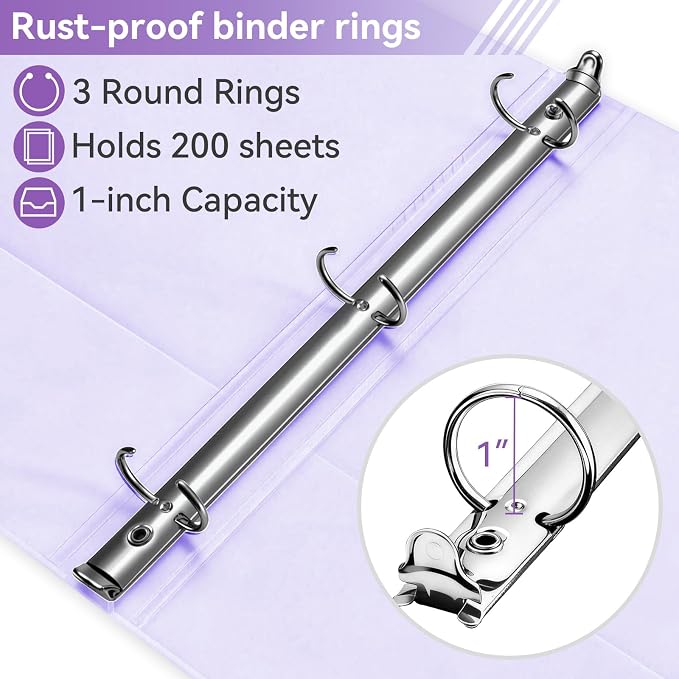 SUIN 1 Inch 3 Ring Binder, Clear 1'' View Presentation Binders with 2 Pockets, Fits 8.5 x 11 Letter Size, Durable Polypropylene, Non-Stick & PVC-Free for School, Office & Home (Pastel Purple)
