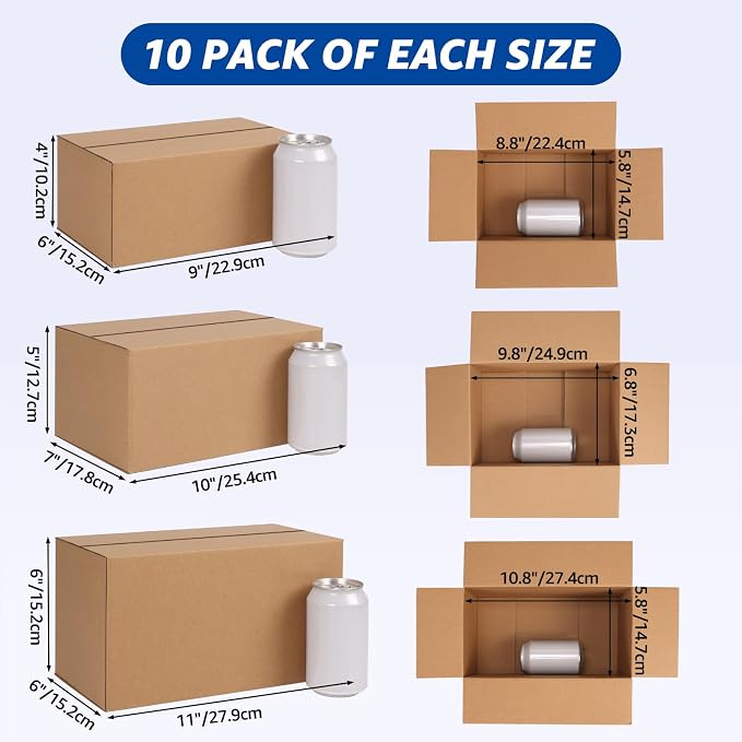 CRUGLA Assorted Sizes Shipping Boxes 30 Pack (11x6x6, 10x7x5, 9x6x4), Corrugated Cardboard Mailers, Each 10 PCS Small Boxes for Small Business Packaging, Shipping & Storage