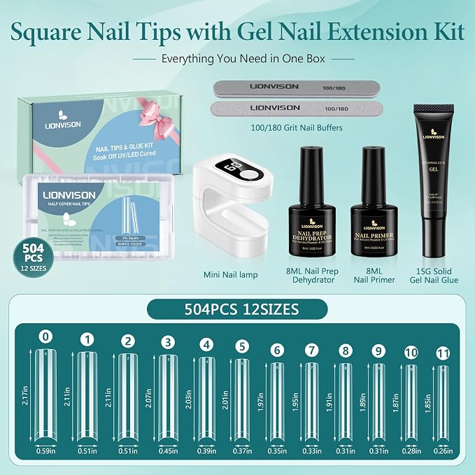 LIONVISON Nail Tips Square Set: 504PCS XXXL No C Curve Straight Tapered Square Nail Tips Extra Long Clear Nail Tips with Nail Extension Glue Gel Prep Dehydrator Primer File UV Curing Lamp for Home DIY