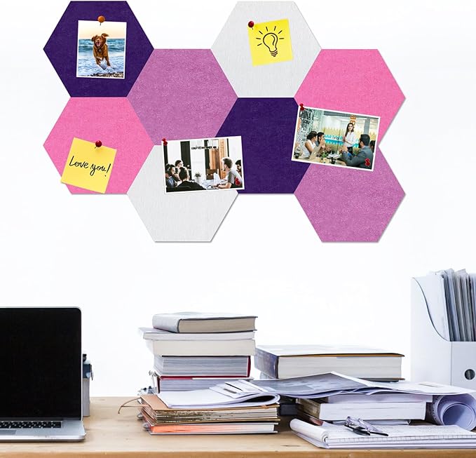 Large Hexagon Felt Cork Board Tiles, Self Adhesive DIY Felt Bulletin Board Pin Board with 35 Pushpins for Office School Home Wall Decor(Purple+Light Purple+Pink)