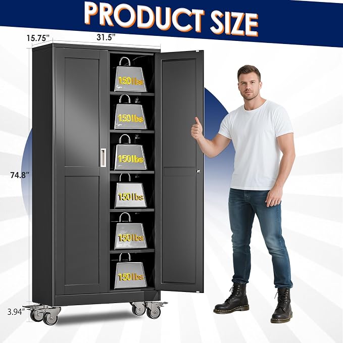 erosoei 75" H Metal Garage Storage Cabinet, Rolling Tool Cabinet with 2 Doors and Wheels, Locker Steel Cabinet with 5 Adjustable Shelves, Organization Cabinet for Garage,Office,Home,Gym,School（Black）