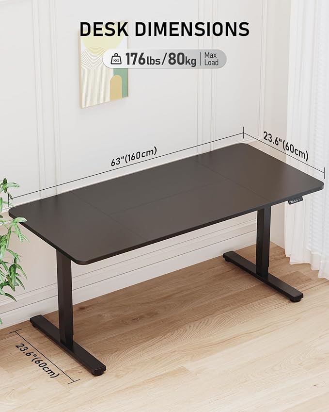 Standing Desk, Large Height Adjustable Electric Stand up Desk, 63 x 24 Inches Sit Stand Home Office Desk, with Splice Board, Black Frame/Black Top