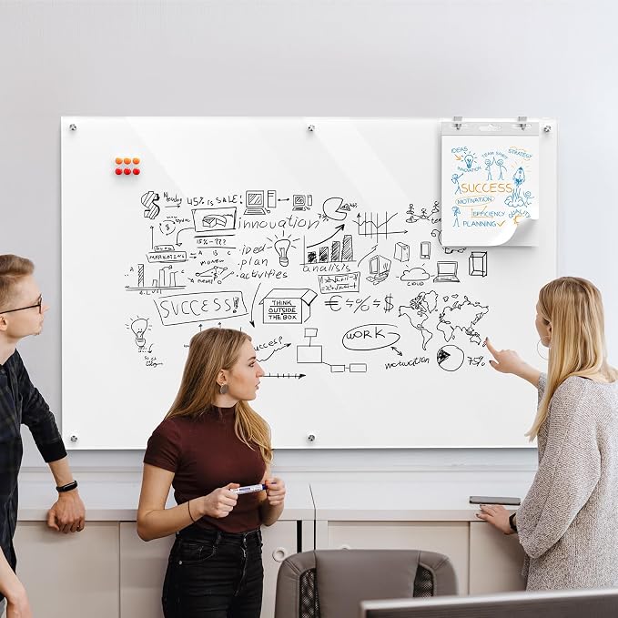 MaxGear 60" x 40" Glass Whiteboard Wall Mounted for Office Home Classroom | Magnetic Glass Dry Erase Board, Tempered Glass, Steel Backed, Non-Porous Surface, Frameless Design, Hardware Included
