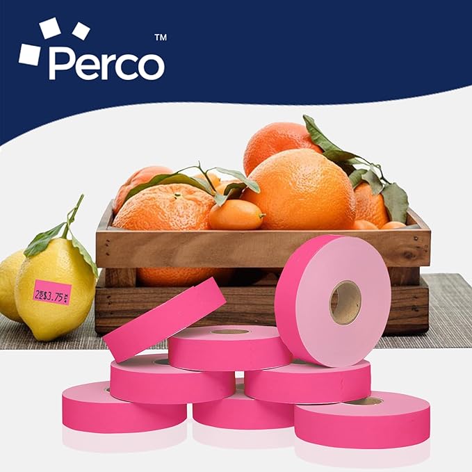 Perco Fluorescent Pink Pricing Labels for Monarch 1131 Price Gun - 1 Sleeve, 8 Rolls, 20,000 Price Marking Labels - with Ink Roll Included