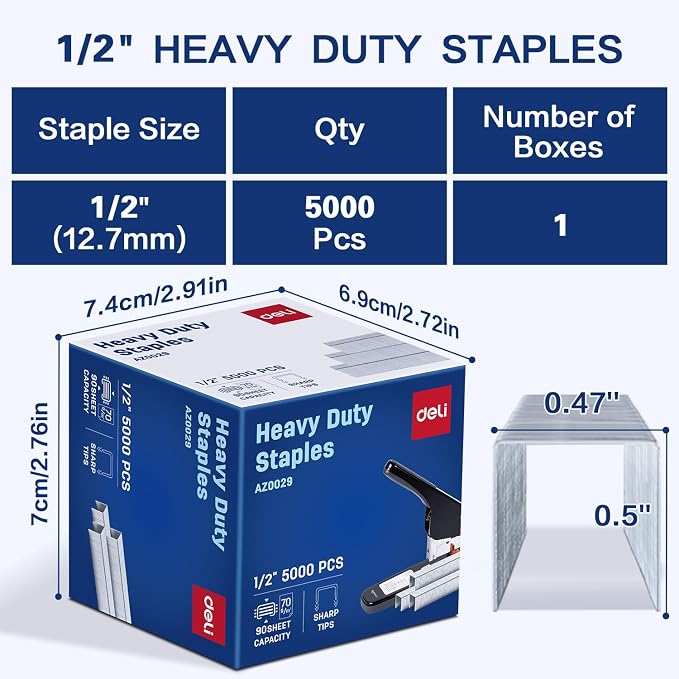 Deli Staples, Heavy Duty Staples for Heavy Duty Staplers, 1/2'' Length | 90 Sheet Capacity, 100/Strip, 5000/Box
