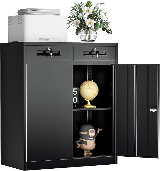 Metal Storage Cabinet with Drawers, 36”H Lockable Office Storage Cabinets with 2 Doors and Adjustable Shelves, White Steel File Cabinet for Home Office, Garage, School, Apartment(Black)
