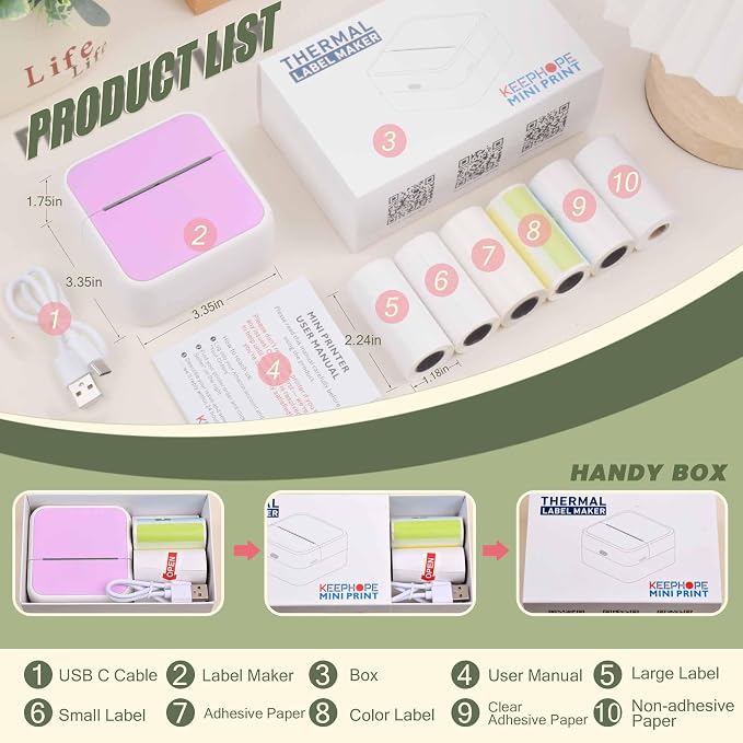 Label Maker Machine with 6 Tapes, Thermal Label Maker, Portable Mini Bluetooth Label Printer with Clear Tape for Home, Kitchen, School, Office Organization Pink