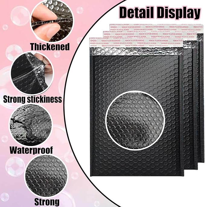 50 PCS Bubble Mailers, Black Poly Padded Envelopes, Waterproof Shipping Bags, Self Seal Cushion Envelopes for Mailing, Shipping, Packing, Small Business, 3 Sizes