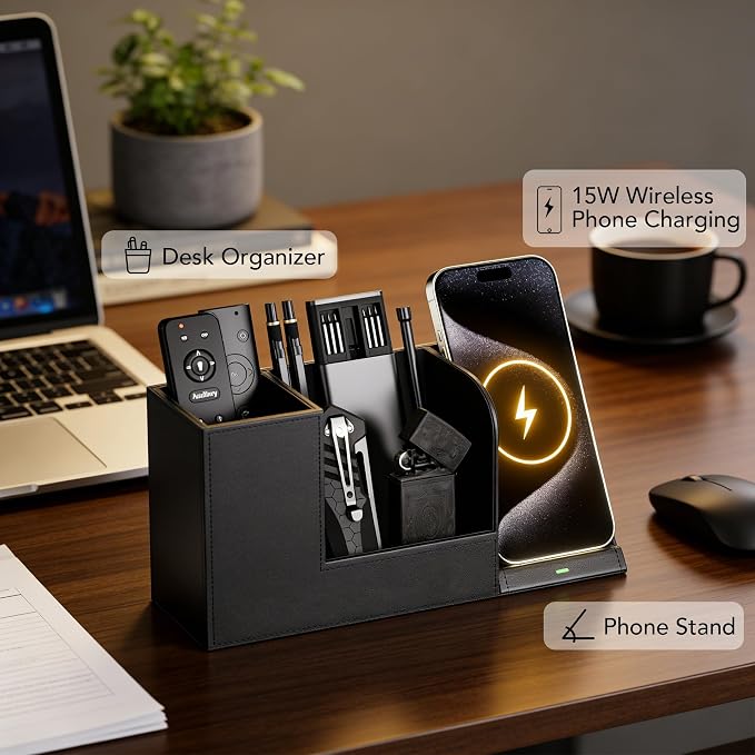 GORESE Desk Organizer with Charging Station, PU Leather Desktop Pen Holder Remote Organizers with Phone Charging Stand for Office Home Nightstand, Practical Gifts for Men Who Want Nothing, Black