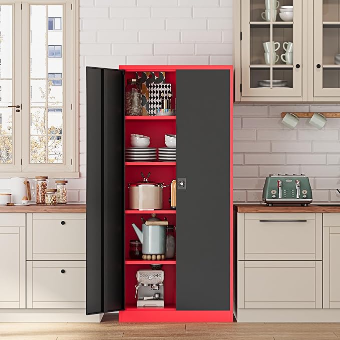 Fesbos Metal Storage Cabinet-71” Tall Steel File Cabinets with Lockable Doors and Adjustable Shelves-Black&Red Steel Storage Cabinet for Home,Kitchen, School, Office, Garage