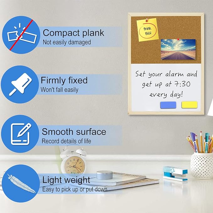 OWLKELA Dry Erase Cork Board, 16.5"x12.6", Wooden Frame | Bulletin Board, with Mounting Hardware, Push Pins included, Ideal for Office, Classroom or Home.