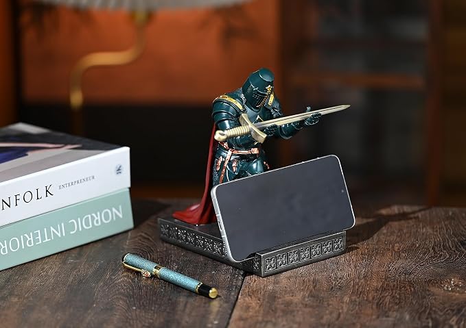 Medieval Templar Vanguard Officer Knight Pen Holder Desk Organizers Green | Pencil Stand Paperweight Desktop Decoration Accessories Cell Phone Stand with a Fancy Sword for Medieval Warrior Enthusiast