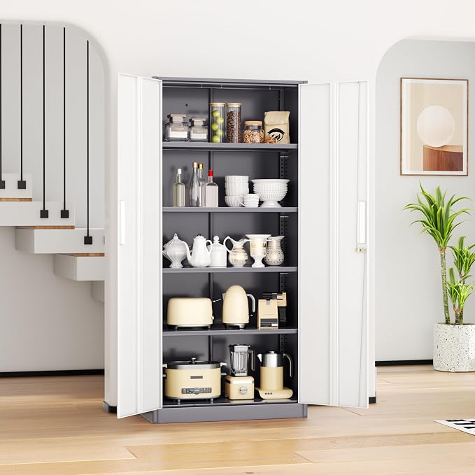 Metal Storage Cabinet, 72” H Storage Cabinet with Doors and Adjustable Shelves for Office, Home, Garage, Pantry (Assembly Required, Grey White)