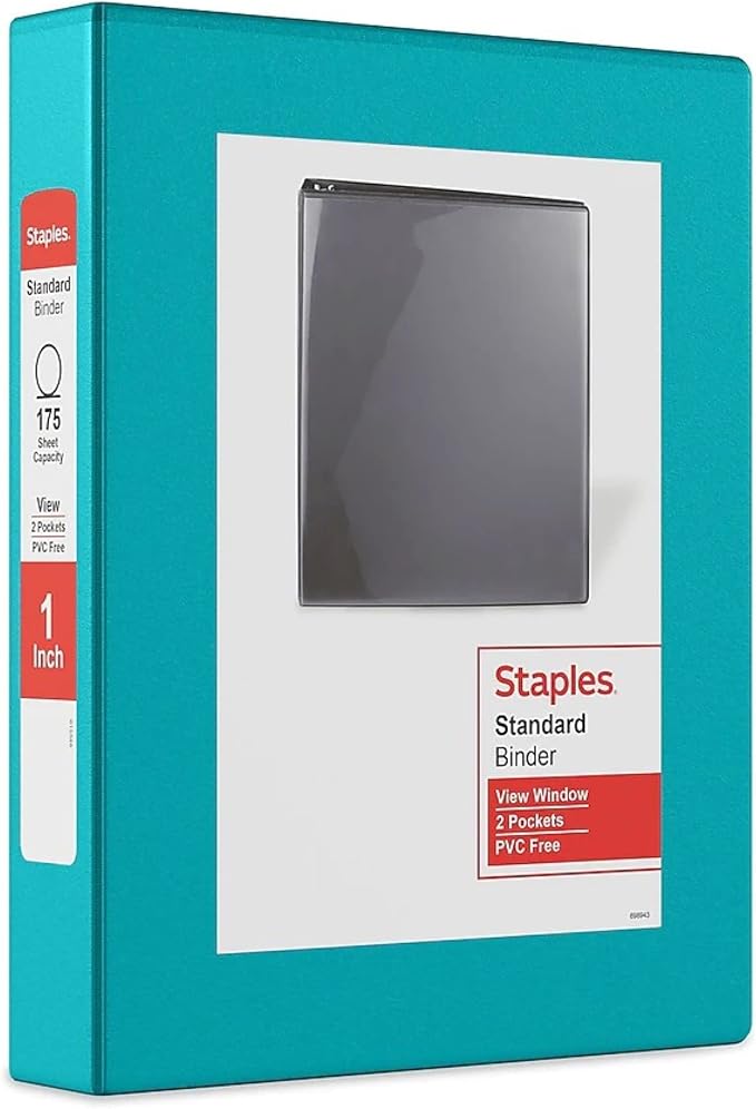 Staples Mini View Binder, 1-Inch 3-Ring, Compact, Teal, 175 Sheets | Compact size for notes, school, and small project organization.