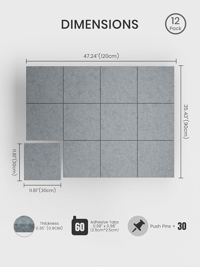Bumusty 48"x 36" Large Felt Bulletin Board Tiles, Blue Gray | 12-Pack Cork Board Alternative, Wall Decor, 30 Pushpins, 60 Adhesive Tabs, Vision Board, Office, Classroom, Home, Dorm