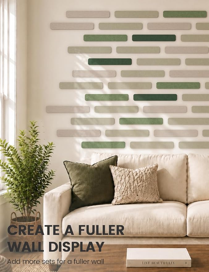 Fluxynara 13" x 2" Felt Wall Panels, Sagewood | 8-Pack Includes 50 Push Pins and Adhesive Tabs for Photos, Notes and Decor in Bedroom Doors, Home Office or Studios