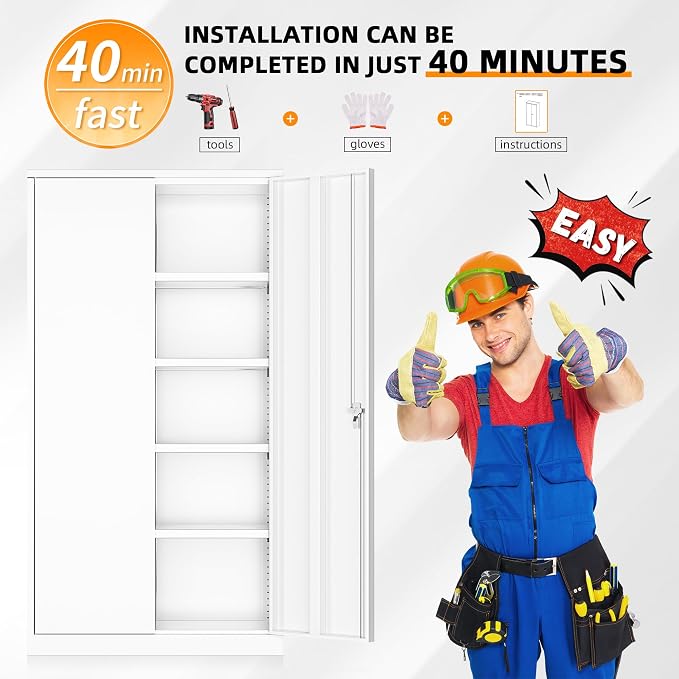 White Metal Storage Cabinet Doors, 72" Locking Steel Storage Cabinet with Shelves, Tall Metal Cabinet Lockable Steel Cabinets for Home Office, Garage