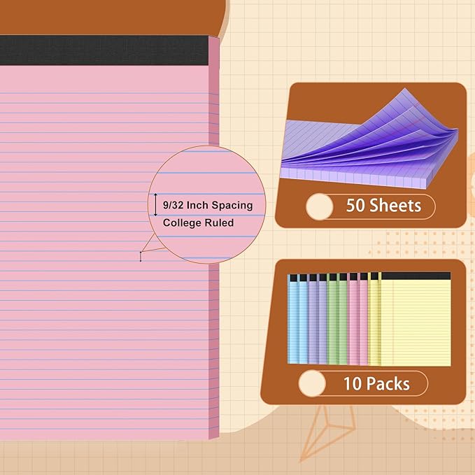 Glyanlee Legal Pads 8.5 X11, Narrow Ruled Notepads, 10 Pack, 50 Sheet/Pad, Colored Legal Pads, Tear Off Notepad, Perforated Writing Pad, Notebook Paper College Ruled, Notepads For Office Home School