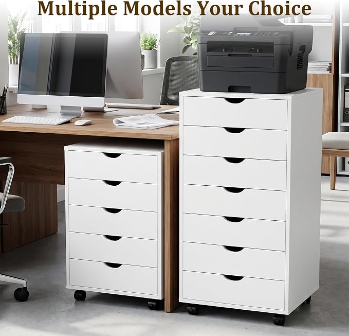 5 Drawer Rolling Storage Cabinet, Mobile File Cabinet for Office, White | Rolling Storage Cabinet with 5 Drawers for Desk Drawer Organization, Home Office Storage and Printer Stand