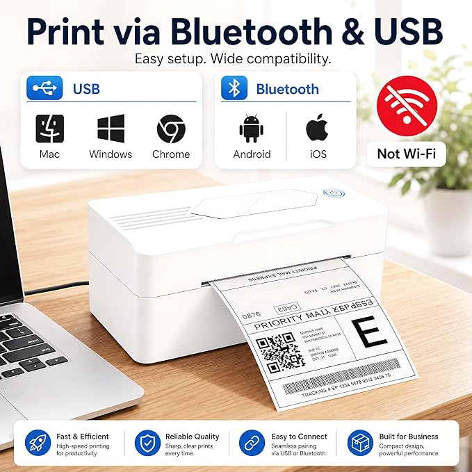 GBNONPLN Bluetooth Thermal Shipping Label Printer, 4x5, Matte White | Wireless, For Small Business, Compatible with Android, iPhone, Windows & Mac, Widely Used for Amazon, Etsy