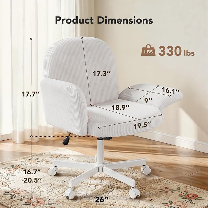 HUANUO Criss Cross Office Chair for Girls, Cross Legged Desk Chair with Adjustable Armrests, Soft Corduroy Fabric for Small Spaces, Home Office Computer Chairs for Petite Women, White