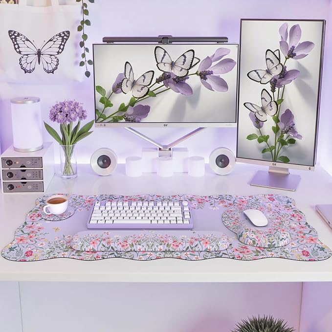 iCasso Computer Mat for Workspace, Purple 35.4"x15.7" Computer Pad | Ergonomic Desk Pad Including Keyboard Wrist Rest, Mousepad Set for Gaming Vanity Women Computer Setup