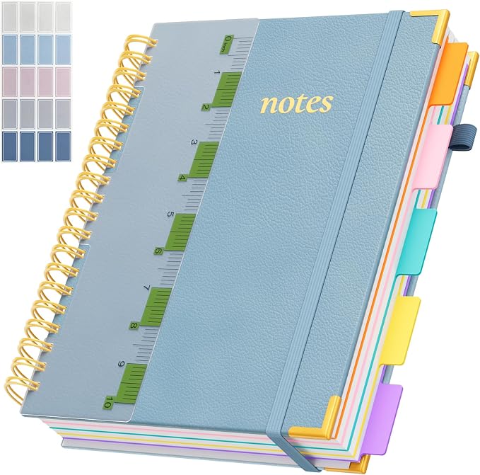 XYark A4 Hardcover Spiral Notebook, 8.5"x11" College Ruled Notebooks with Removable Divider Tab & Ruler, 5 Subject Notebook 300 Pages, Large Lined Journal for Women Men School Work Office, Light Blue
