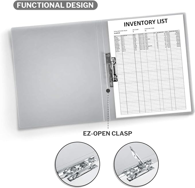 CRANBURY Punchless Clamp Binder (4-Pack, Gray), Ringless Binder Holds 100 Letter Size Pages, Documents, 8.5x11 Folder with Metal Clip for Home or Office, Transparent Acid-Free Poly