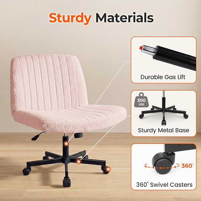 Orange Factory Criss Cross Chair with Wheels, Wide Vanity Seat, Pink Teddy | Cross-Legged with 360° Swivel, Height Adjustable, Smooth and Silent Wheels, Comfy Seating for Office, Desk, or Computer Use