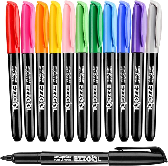 12-Color Bullet Tip Wet Erase Markers for Transparency, Whiteboards, Glass and More - Wipe with Water