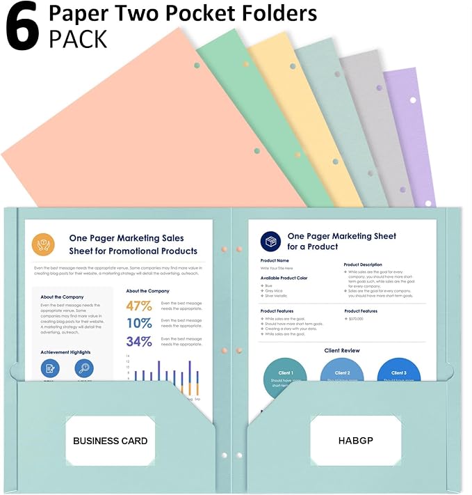 3 Hole Punched Folders with Pockets, 6 Pack Pastel Folder for 3 Ring Binder | Two Pocket Folders,Thick Paper File Folders, 6 Assorted Color Binder Folder, for Documents Office School