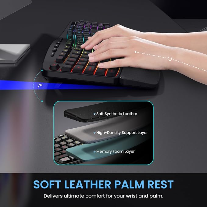 RGB Wireless Keyboard Mouse Combo with Ergonomic Wave, Silent Rechargeable | Soft Leather Wrist Rest, Light up Letter, 15 Lighting RGB Backlit, 3200 DPI 2.4G Mouse for PC Computer Laptop Windows Mac