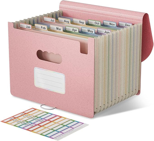 Accordion File Organizer, 12-Pocket Wheat Straw Expanding File Folder, Portable Monthly Bill & Tax Receipt Organizer, Letter/A4 Size Document Holder with Colorful Tabs-Strawberry Pink
