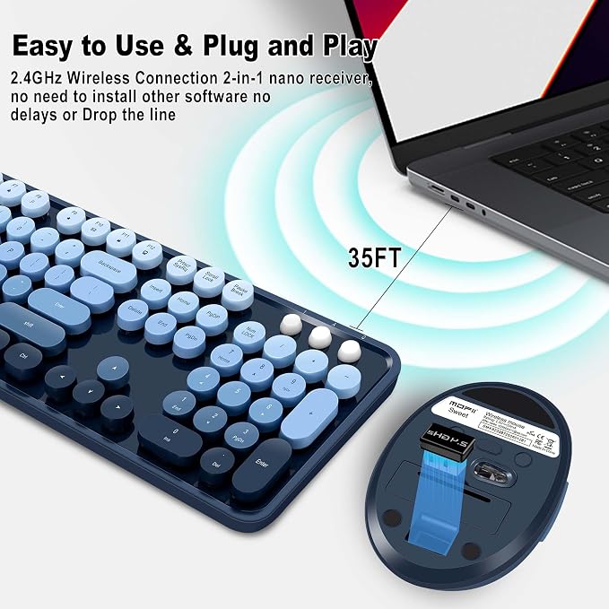 Wireless Keyboard Mouse, Cute Colorful 104 Keys Typewriter Blue | Full Size With Number Pad & Mouse,Compatible With All Windows,Ideal For Windows,1600DPI,Computer, PC, Notebook, Laptop