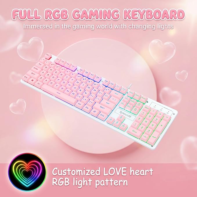 Redragon Updated S107WP Gaming Keyboard and Mouse, RGB Gaming Keyboard and 10000 DPI Mouse Combo with 25-Key Anti-Ghosting, 1K Hz Programmable Mice with Software, Plug & Play to PC, Laptop - Pink