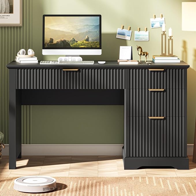 Vabches Fluted Executive Desk with Drawers, Wood Computer Desk with Ample File Drawer, Home Office Desk with Storage for Study, Bedroom, Living Room, Black