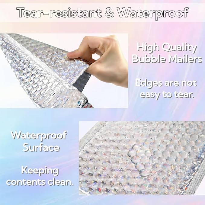 ZAVOOS 60 Pack Holographic Bubble Mailers, 6 x 9.5 Inch | Self Seal Metallic Poly Padded Envelopes, Waterproof Cushioning Shipping Bags for Packing, Mailing, Small Business, 3 Colors