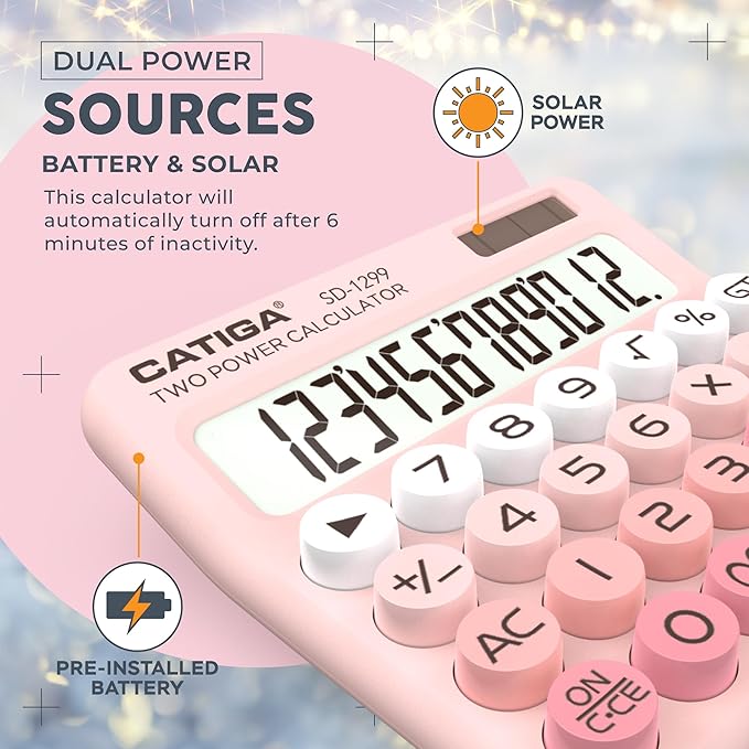 CATIGA Mechanical Switch Calculator with Solar and Battery Dual Power, 12-Digit Large LCD Display, Aesthetic and Cute Desktop Calculator with Big Button, for Home, School and Office Use, SD-1299