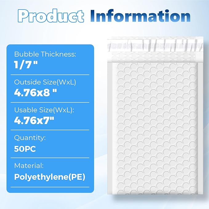 Metronic Bubble Mailers 4.76x8" 50 Pack Padded Envelopes with 1/7" Thickened Bubble Waterproof Mailing Envelopes Usable Size 4.76x7" Shipping Bag for Fragile Products, 4x7 Items,Small Business, White