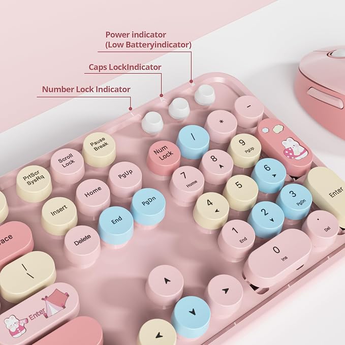 Wireless Keyboard Mouse,104 Keys Retro Typewriter Pink | 1600DPI Full Size With Number Pad & Mouse,Compatible With All Windows,Ideal For Computer, PC, Notebook, Laptop