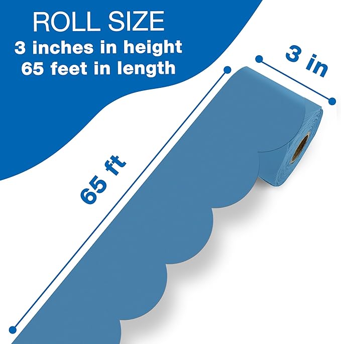 Carson Dellosa 65Ft of Ocean Blue Bulletin Board Borders, 1 Roll of Scalloped Trim for Rolling Whiteboard, Cork and Posterboard, Party, Office Decorations, and Classroom Decor